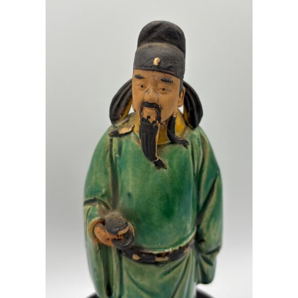 Vintage Chinese Mud Man Scholar Green Robe Standing with decorative Base 6.5" - Picture 2 of 10